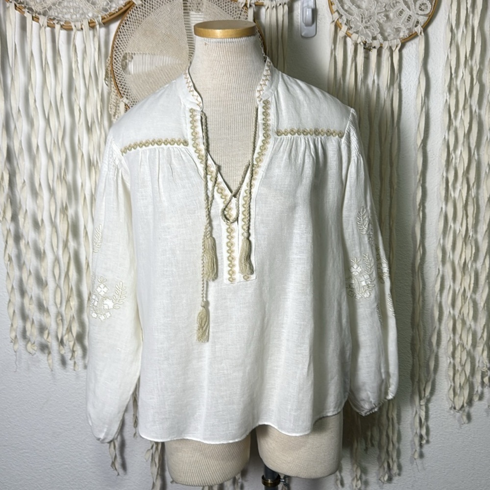 Boteh White Boho Blouse with Cream Embroidery Detail Size 0(XS/S)